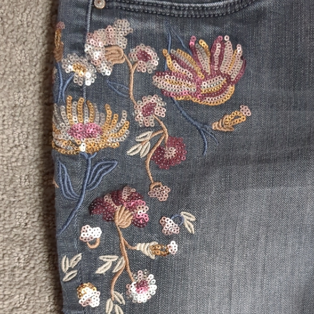 Floral Embroidered/Sequin Gray Jeans - Picture 4 of 11